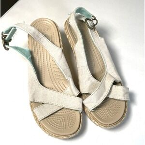 Crocs A-Leigh Wedge Beige Canvas Espadrilles Women's 8 Sandals Slingback Shoes